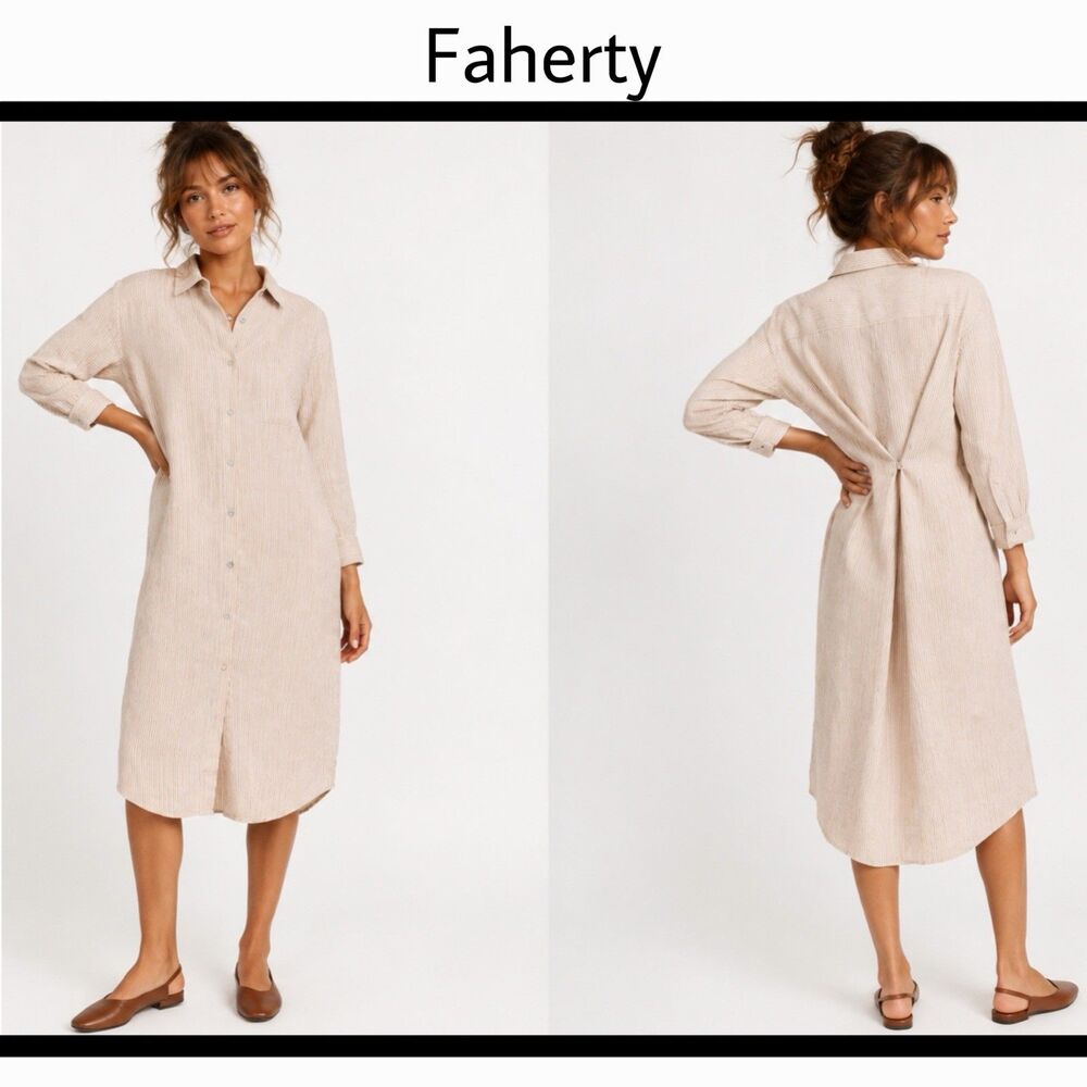Faherty Laguna 100% Linen Midi Dress Golden Sun Stripe Size Medium Tan & White M